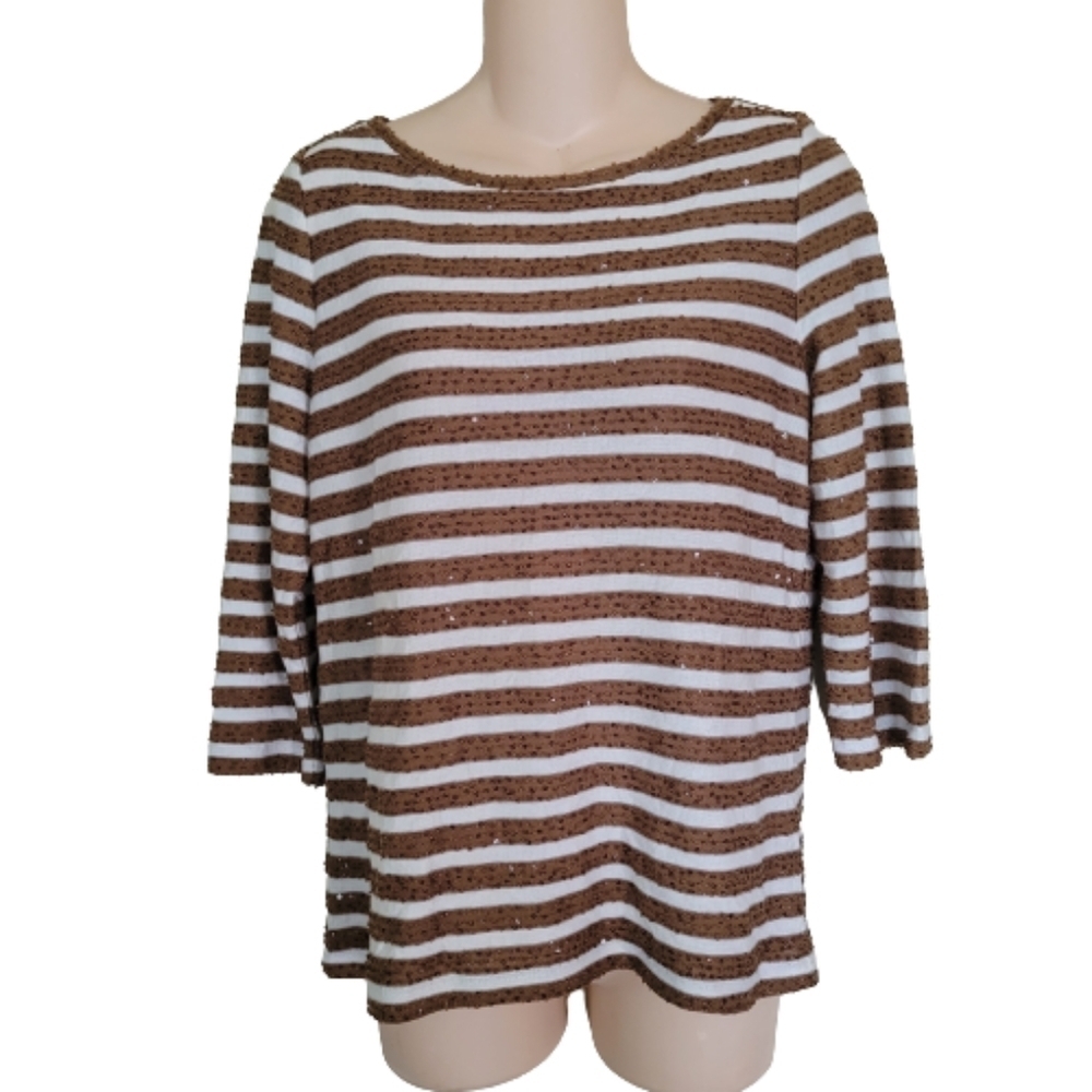 Talbots Brown White Striped Sequin ¾ Sleeve Knit Top Size Women's Medium Petite